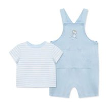 Blue striped short-sleeve shirt paired with a blue safari-themed shortall set featuring a front pocket and embroidery.
