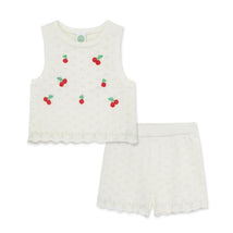 Ivory baby girl two-piece set featuring a sleeveless cherry-embroidered top and coordinating shorts.
