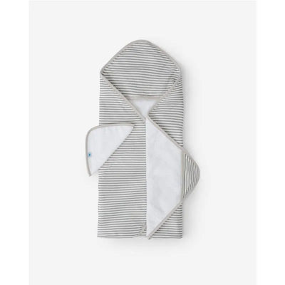 Hooded towel in grey stripes with a plush white interior, designed for children’s bath time.