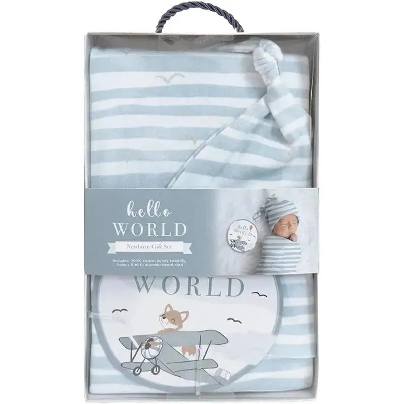 Living Textiles - Baby Gift Set, Hello World, Premium Cotton Jersey Swaddle and Beanie, Blue Bird Stripes Image 2