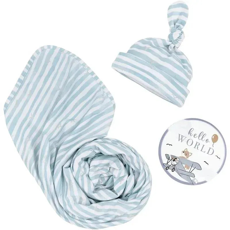 Living Textiles - Baby Gift Set, Hello World, Premium Cotton Jersey Swaddle and Beanie, Blue Bird Stripes Image 4