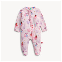 Pink footie with long sleeves featuring a ruffle front, decorated with colorful characters and hearts.