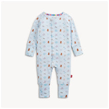 Blue modal convertible coverall featuring a playful animal print, ideal for infants and toddlers.