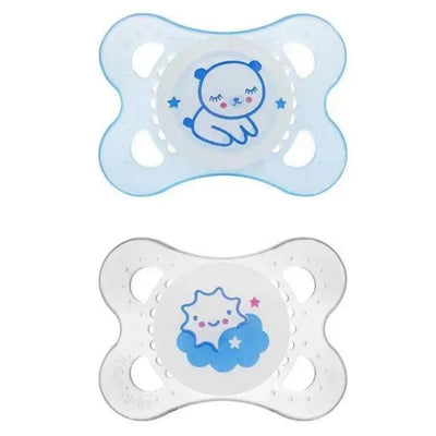Two assorted Mam air night pacifiers in blue and white, featuring cute animal and cloud designs for soothing infants.