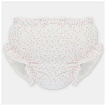 Baby girl bloomer in white with scattered pink stars, featuring a ruffled design and elastic waistband.