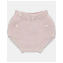 Light pink baby knit bloomer with ribbed waist and four white buttons on the side.