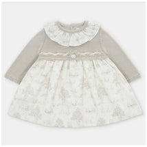 Knit and woven mix dress in Newport and stone colors, featuring a frilly collar and floral print skirt.