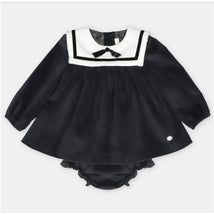 Black velvet dress with white collar and bow, paired with matching bloomer, designed for infants.