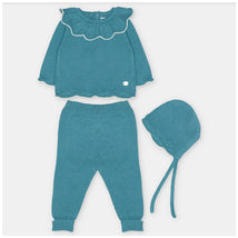 Take Me Home In Sweater Knit Cotton Blend set in Navia, featuring a teal sweater, matching pants, and a bonnet.