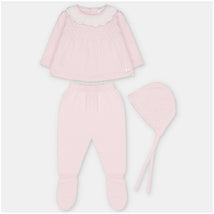 Set of Martin Aranda Top, leggings with feet, and bonnet in soft baby pink sweater knit cotton blend.
