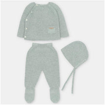 Sweater knit cotton set in Pravia Sage, includes a top, leggings with feet, and a bonnet.