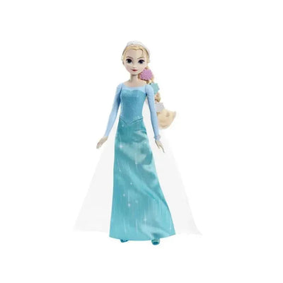 Disney Frozen Elsa doll wearing a sparkling blue gown, featuring long blonde hair styled in a braid.