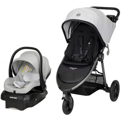 Maxi-Cosi Gia XP Luxe 3-Wheel Travel System in Midnight Moon with a stroller and infant car seat.