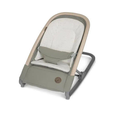 Maxi-Cosi Kori 2-in-1 Rocker in Classic Green, featuring a soft cushioned seat and wooden frame, designed for infant comfort.