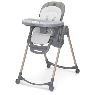 Maxi-Cosi Minla 6-in-1 high chair in Classic Green with a cushioned seat and adjustable tray, designed for infants and toddlers.