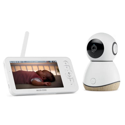 Maxi-Cosi See Pro 360 Baby Monitor with CryAssist AI, featuring a monitoring camera, a display screen, and a smartphone app showing baby status.