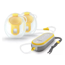 Hands-free electric breast pump by Medela, featuring two breast shields and a control unit with buttons for operation.