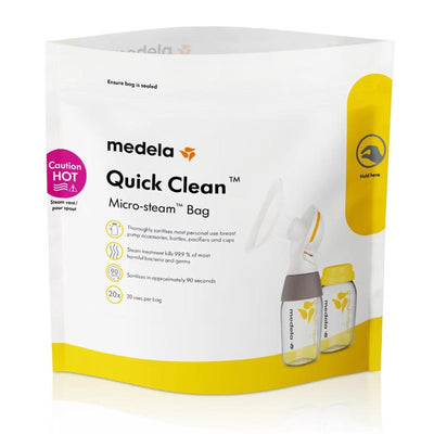 Medela Quick Clean Micro Steam Bags for sanitizing breast pump accessories, bottles, and more, with 20 uses per bag.