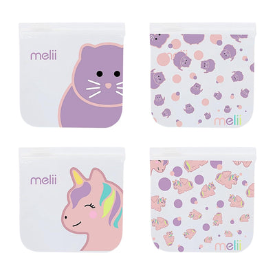 Reusable sandwich and snack bags featuring two cat designs and two shark designs in playful colors.