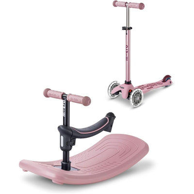 Micro Kickboard Mini Rock & Go LED in Dusty Rose, featuring a three-wheeled design and an adjustable handlebar.