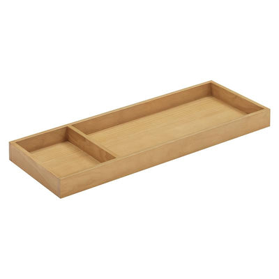 Wide removable changing tray in honey finish, featuring one large compartment and one smaller section for organizing baby essentials.