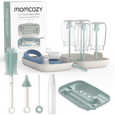 Momcozy 7 in 1 bottle cleaning tool set including a brush, drying rack, and various cleaning accessories in soft blue and white.