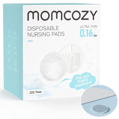 Momcozy Disposable Nursing Pads, ultra-thin (0.16 cm), pack of 120, designed for breastfeeding comfort and absorbency.