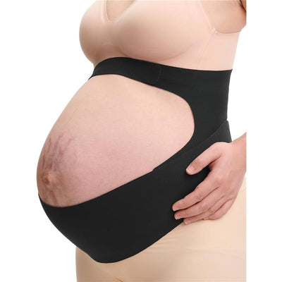 Black Momcozy pregnancy belly band worn by a pregnant person, providing support to the belly with a snug fit.