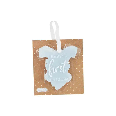 Blue baby’s first Christmas ornament shaped like a onesie, featuring white text on a decorative card.