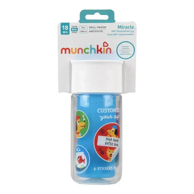 Munchkin 9 oz Miracle 360° insulated sippy cup, featuring custom stickers and colorful animal designs.