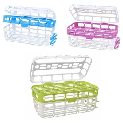 High-capacity dishwasher basket in white, blue, pink, and green, designed for securing small items during washing.