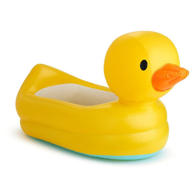 Inflatable yellow duck bath tub for infants featuring a cute design with a smiling beak and simple shape.