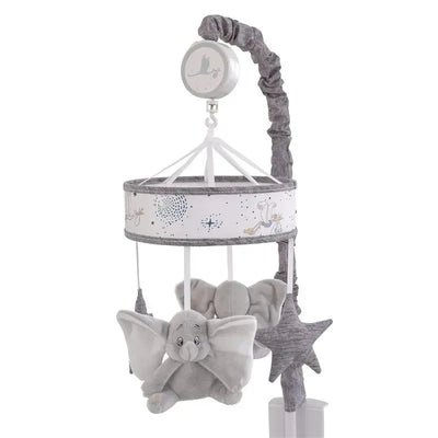 Musical mobile featuring plush Dumbo and stars, designed for nursery decor, with a soft gray and white color scheme.