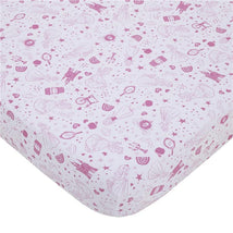 Fitted crib sheet featuring NoJo Disney Princess designs with castles, hearts, stars, and princess silhouettes in pink.