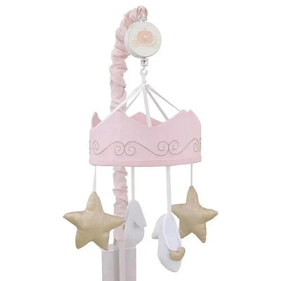 Musical mobile featuring a pink crown-shaped top with gold accents, decorated with soft stars and ballet shoes.