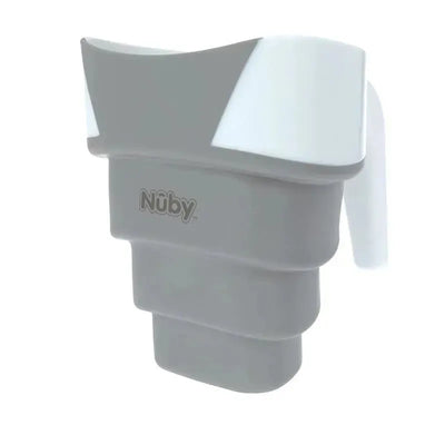 Collapsible Nuby bath rinse pail in white and gray, featuring a sturdy handle and minimalist design for easy use.