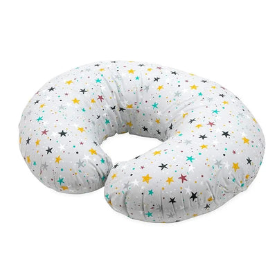 Nuby Dr Talbots nursing pillow in a star print design with colorful stars on a light gray background.