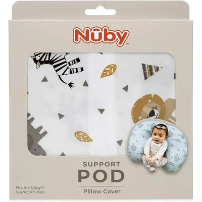 Nuby Dr Talbots Zoo Animal Print Nursing Pillow Cover Set packaging, featuring animal designs and a baby on a support pillow.