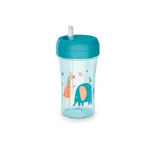 10 oz NUK EasyStraw Cup in teal featuring animal illustrations of a giraffe and an elephant on a clear body.