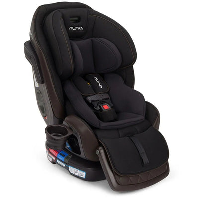 All-in-One Nuna EXEC™ car seat in Caviar color, featuring adjustable harness, cup holder, and plush cushioning for safety and comfort.