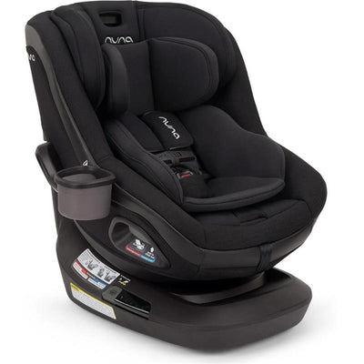 Nuna Revv Maxx Rotating Convertible Car Seat in Midnight color; features a plush, black fabric design with a cup holder and safety instructions.