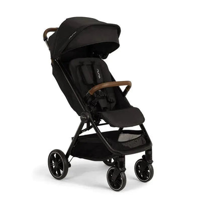 Nuna TRVL™ lx stroller in caviar color with a sleek design, including a brown handle and a spacious seat.