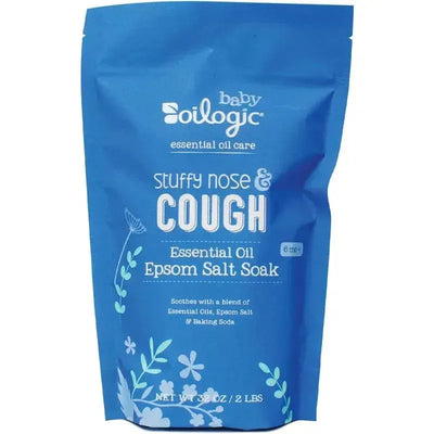 Baby Oilogic Stuffy Nose & Cough Epsom Salt Soak, 32 ounces, blends essential oils, Epsom salt, and baking soda for soothing baths.