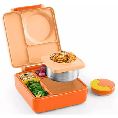 Insulated bento lunch box in poppy orange, featuring compartments with pasta, broccoli, and fruit.