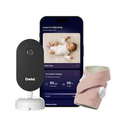 Owlet Dream Duo™ 3 Baby Monitor in Dusty Rose, featuring a camera, smartphone display with baby monitoring stats, and a smart sock.