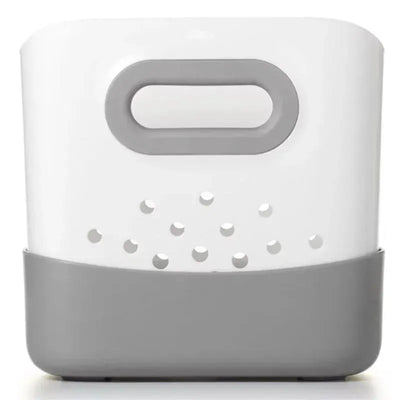 Oxo - Tot Stand Up Bath Toy Storage in gray, featuring a white top with holes for drainage and a gray base.
