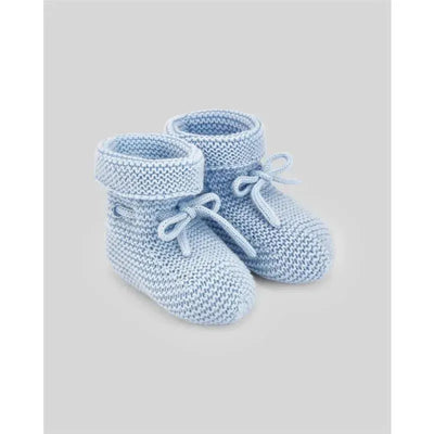 Sky blue knitted newborn booties with a cuff and bow detail, ideal for baby footwear.
