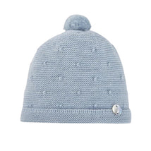 Knit newborn hat in chalk blue, featuring a textured design and a pom-pom on top.