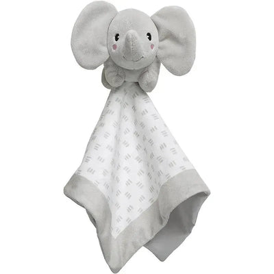 Gray elephant security blanket lovey with plush elephant head and soft patterned fabric. Ideal for comfort and companionship.