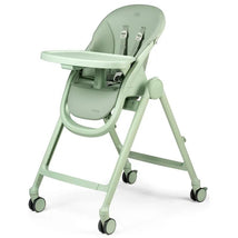 Height-adjustable Peg Perego Living high chair in soft green, features a reclining seat, safety straps, and easy-rolling wheels.
